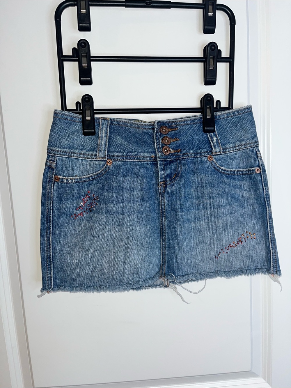 Bongo Y2K Crystals Denim Mini Micro Skirt Low Rise McBling Festival Clubwear VTG